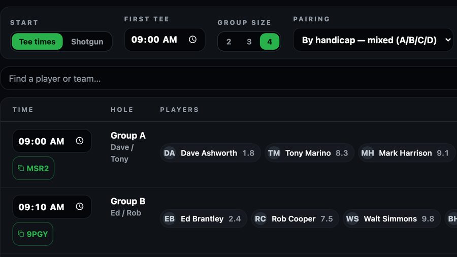 Club Studio’s tee sheet for Saturday Game: tee times from 9:00 AM, groups of four paired by handicap, each group with its own join code