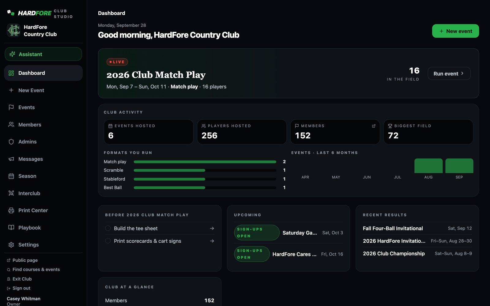 Example Club Studio dashboard with a live match-play event, club activity, upcoming events and recent results