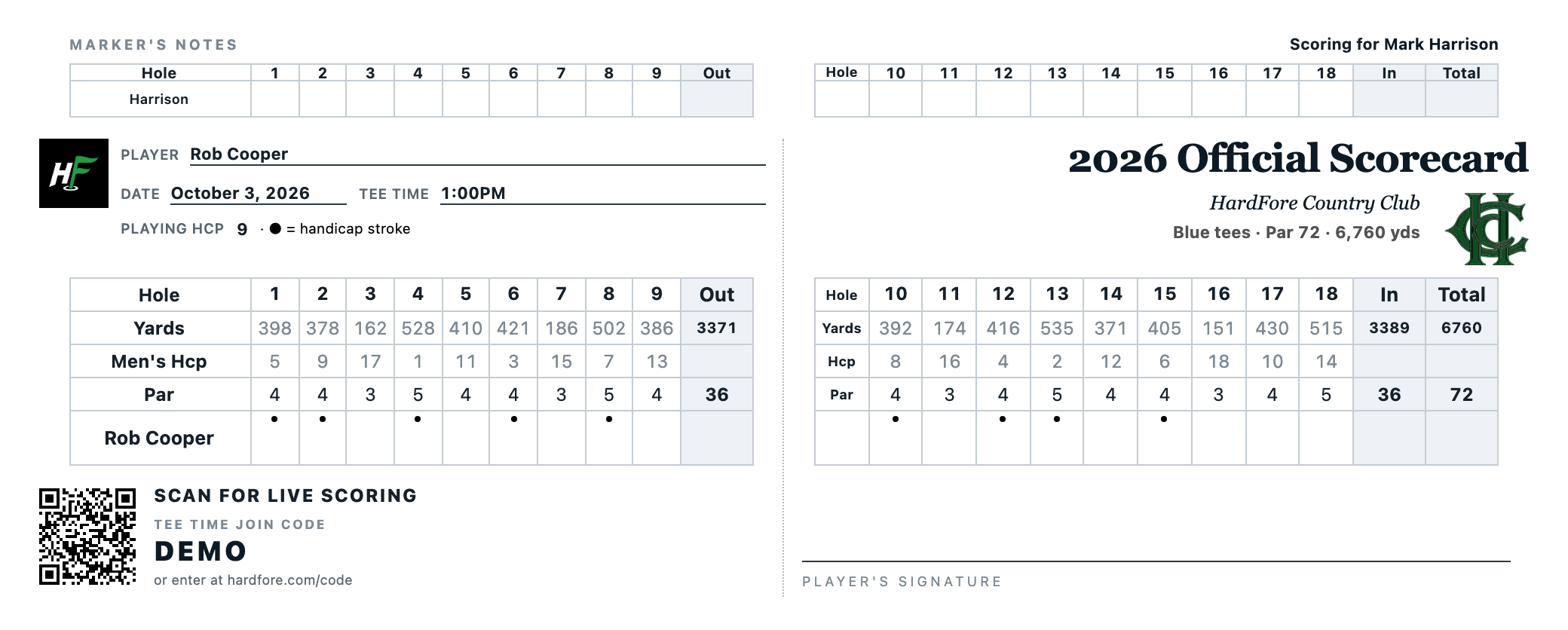 HardFore Country Club’s printed scorecard with its crest, player details, handicap dots and a scan-for-live-scoring QR code